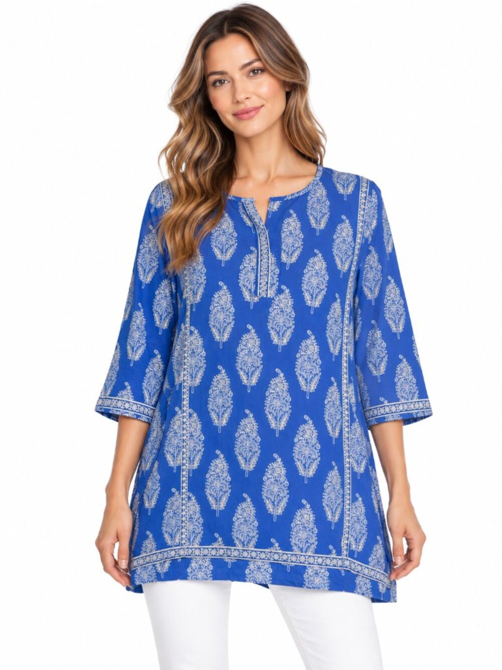 EAST ARTISAN x ANOKHI Block Print Tunic Top Blue White Silver Metallic Large